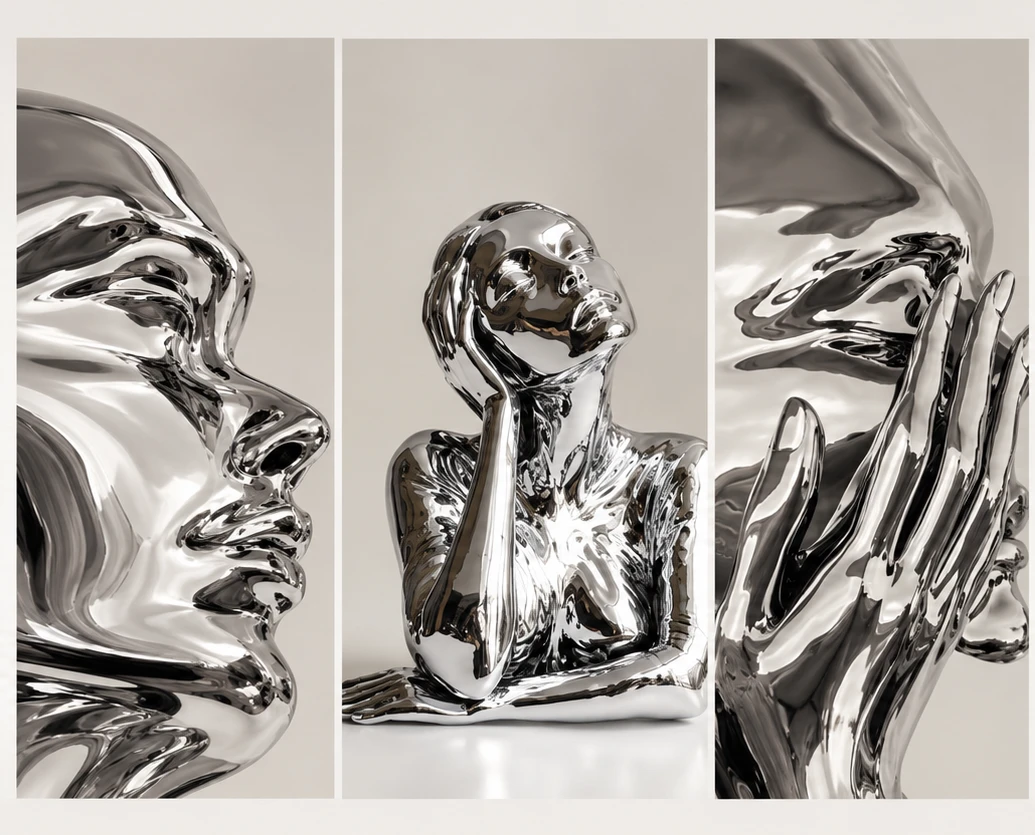 Triptyque de sculptures chromées argentées : profil, buste pensif et visage accompagné d’une main