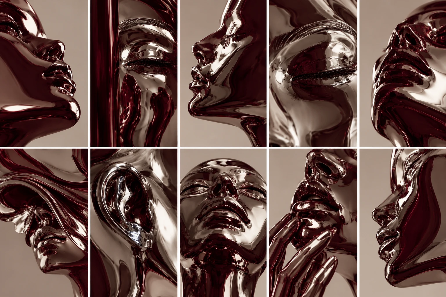 Mosaïque de dix détails de sculptures chromées aux reflets bordeaux : visages, mains et oreille