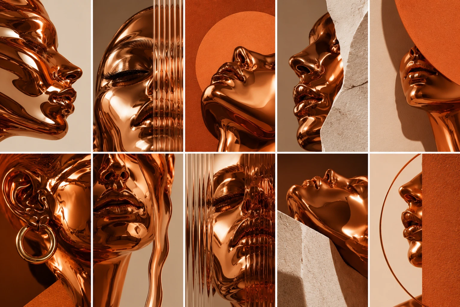 Dix gros plans de sculptures cuivrées, entre visages, bijoux, courbes et matières terracotta