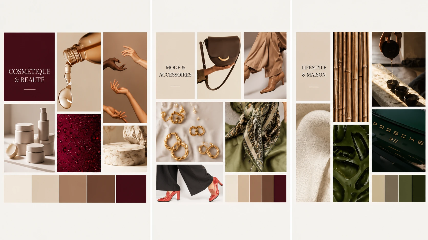 Trois moodboards : Cosmétique et Beauté, Mode et Accessoires, Lifestyle et Maison, avec inspirations et palettes beige, brun, bordeaux et vert